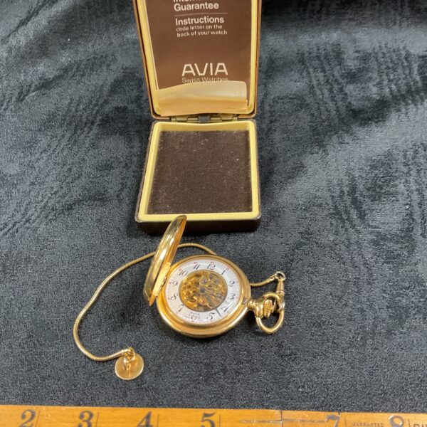 Vintage Avia pocket watch with chain in its original box.