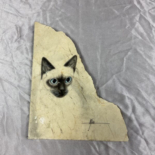 Vintage Siamese cat artwork on marble by Ayma, signed 1983.