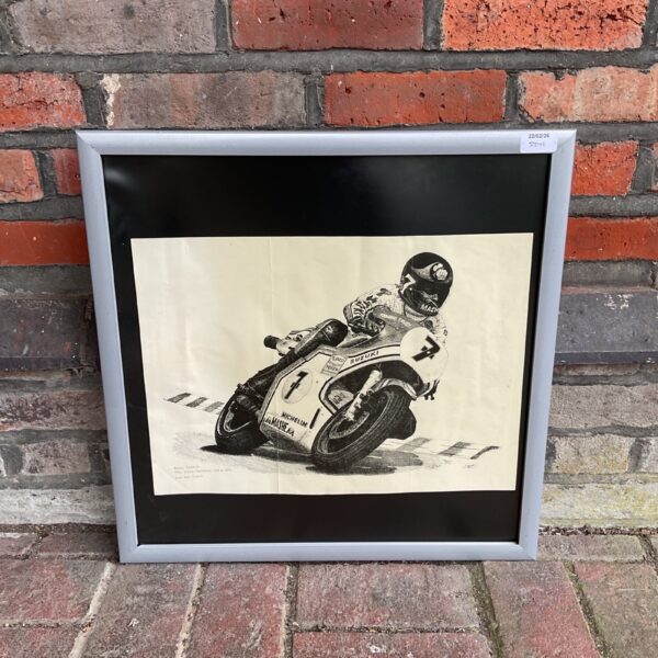 Vintage Barry Sheene Suzuki racing print, motorsport art.