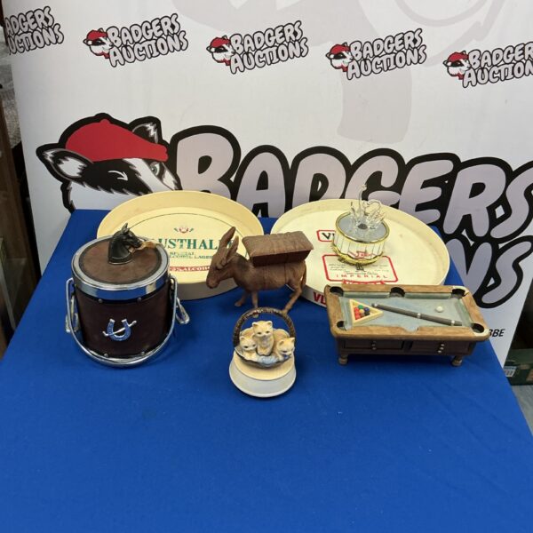 Vintage barware lot with leather ice bucket and cocktail shaker.