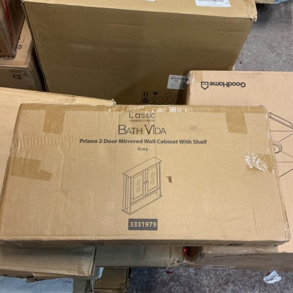 Unopened Lassic Bida bathroom mirror cabinet in original packaging.