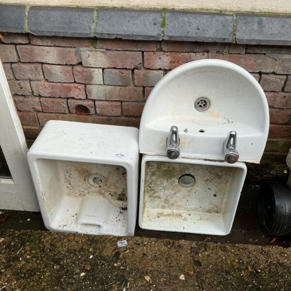 Vintage enamel Belfast sink and basin set for restoration.