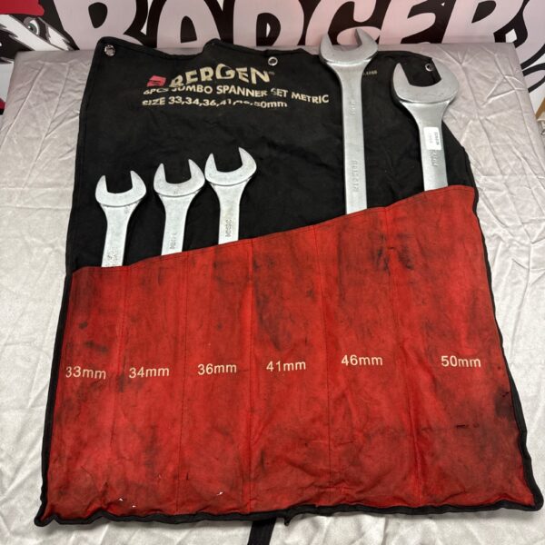 Vintage Bergen metric spanner set in canvas case, showing spanners.