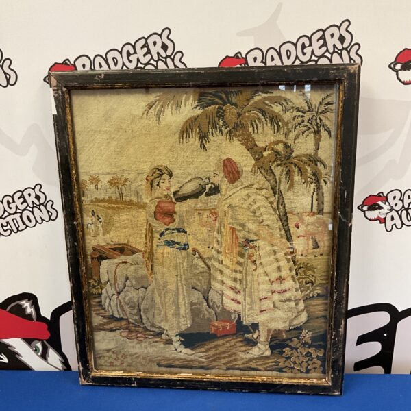 Antique Berlin wool tapestry depicting travellers at a well.