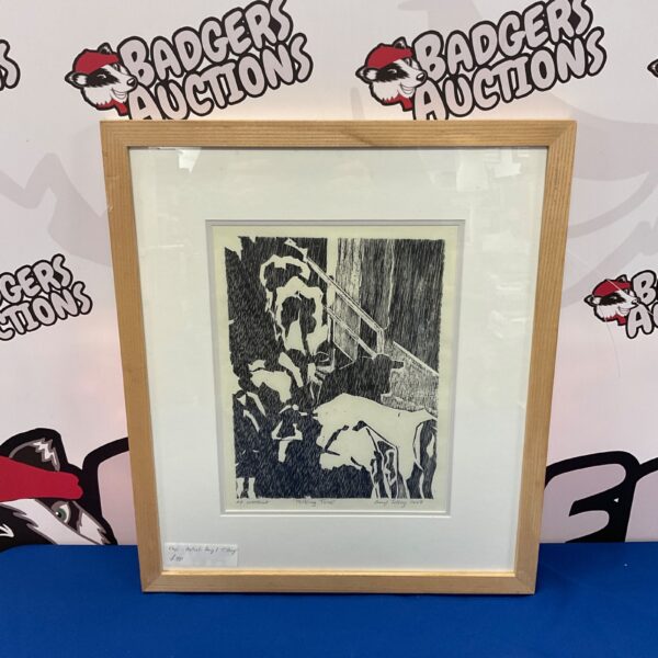 Beryl Tilley woodcut print "Milking Time" depicting a rural scene.