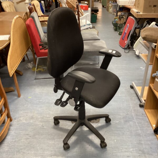 Black adjustable office chair with high back and swivel base.