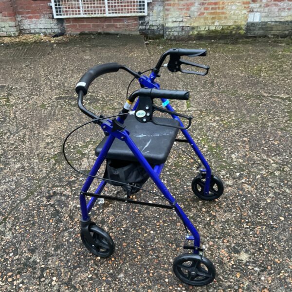 Blue Drive mobility walker with padded seat and hand brakes.