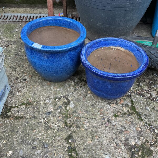Two vibrant blue glazed garden pots in a garden setting.