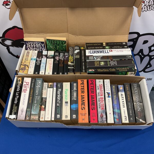 Book collection featuring Peter James, Kathy Reichs and Jeffrey Archer thrillers.