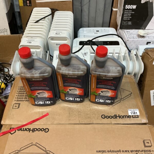 Three bottles of Bostik concentrated mortar plasticiser for construction.