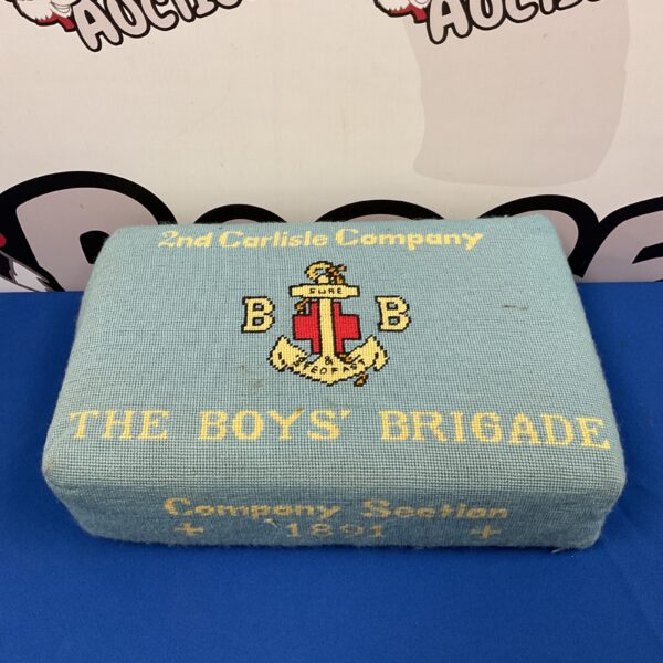 Vintage Boys Brigade prayer cushion with embroidered details.