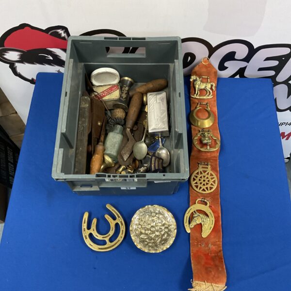 Mixed lot of vintage brassware and curios including horse brasses.