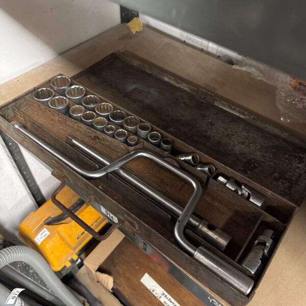 Vintage Britool socket set in wooden case, workshop tools.