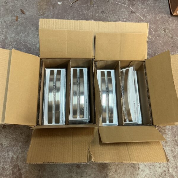 Two boxes of brushed steel door and cabinet handles.