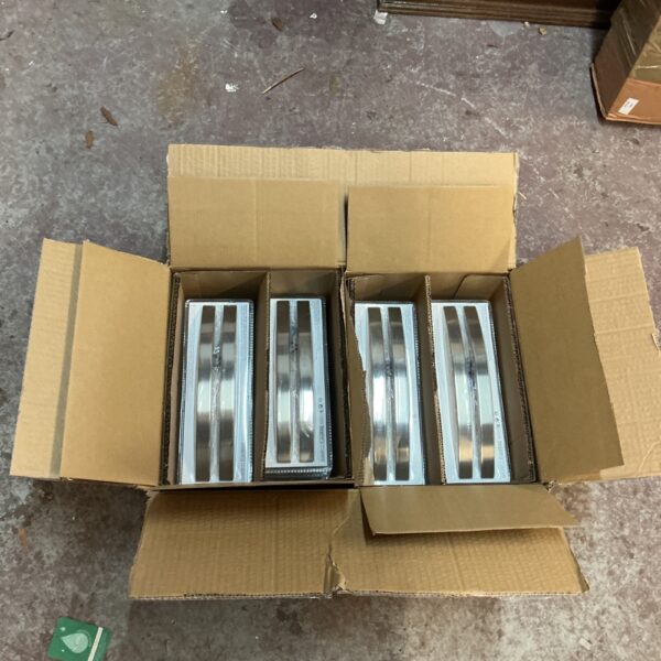 Two boxes of brushed steel door and cabinet handles.