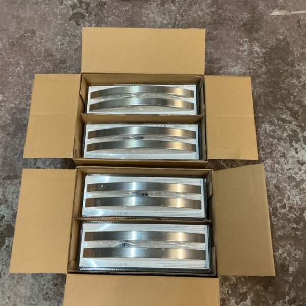 Two boxes of brushed steel door and cabinet handles.