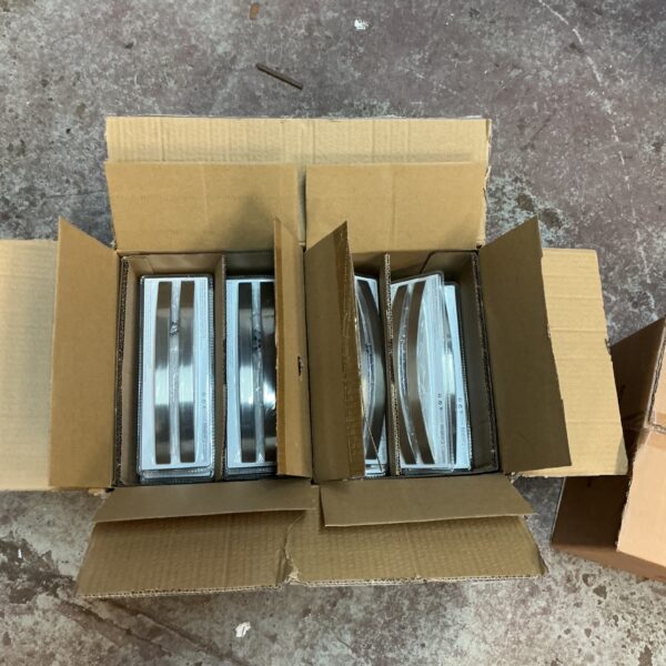 Two boxes of brushed steel door and cabinet handles.