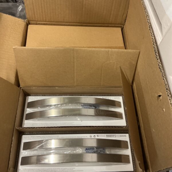 Lot of brushed steel handles for cabinets and doors.