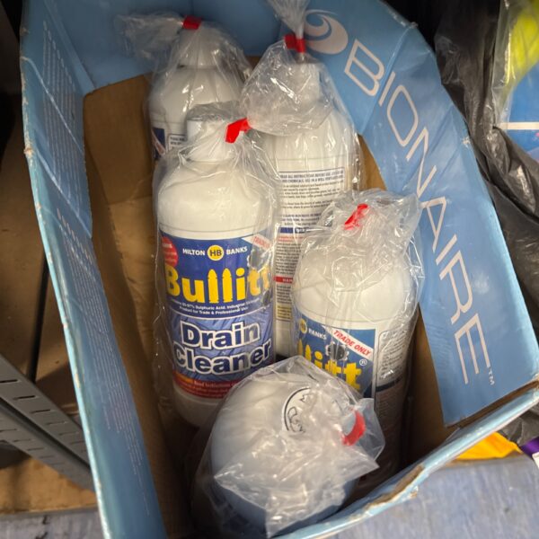 Lot of five unopened bottles of Bullitt drain cleaner for plumbing.