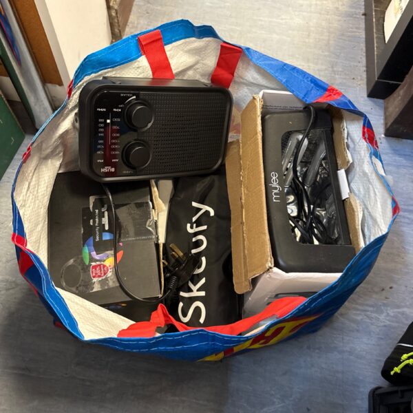 Vintage Bush radio in a mixed lot of electrical items.