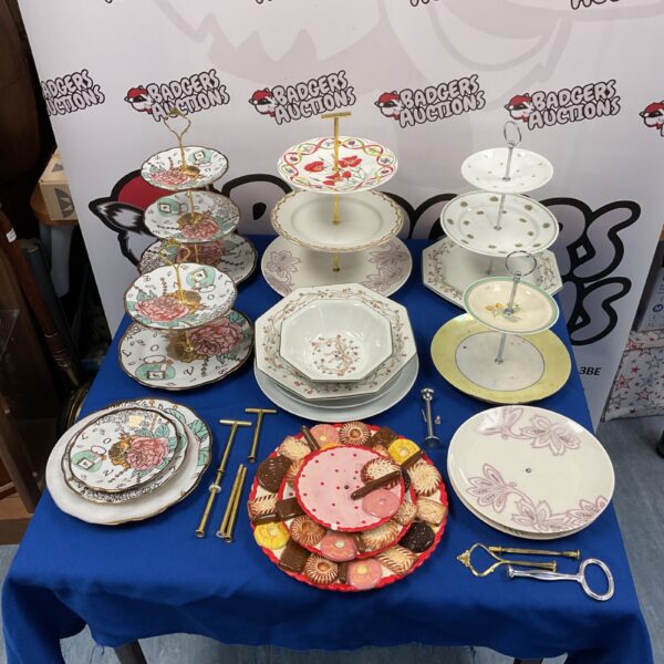 Vintage cake stands collection including Denby and Eternal Beau pieces.