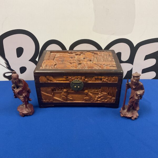 Intricately carved antique Chinese box with wooden figures.