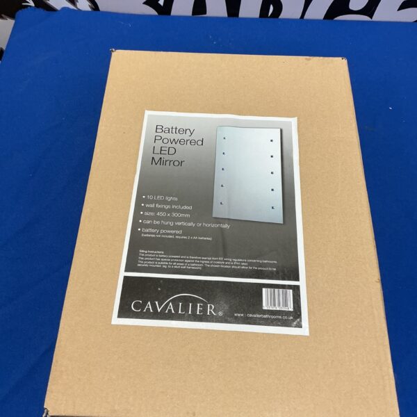Cavalier battery powered LED mirror for bathroom or bedroom use.