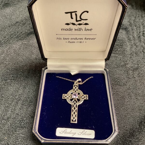 Sterling silver Celtic cross necklace with amethyst pendant.