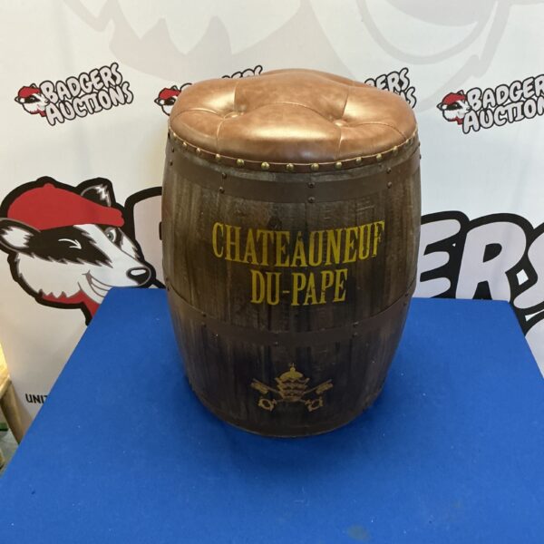 Miniature Chateauneuf Du Pape barrel with leather top for collectors.