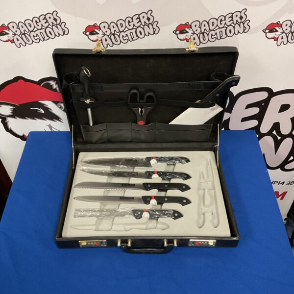 Closed Chef-Pro knife set case with stainless steel cutlery inside.