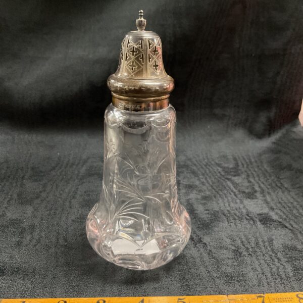 Antique Chester hallmarked sterling silver and glass sifter.