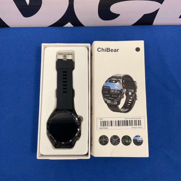 Close-up of the Chibear smart watch digital display and silicone strap.