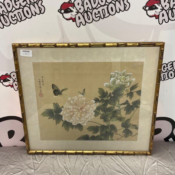 Antique Chinese watercolour painting of flowers and a butterfly on silk.