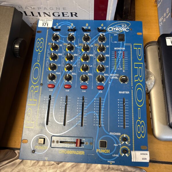 Vintage Citronic Pro-8 DJ mixer with controls visible.