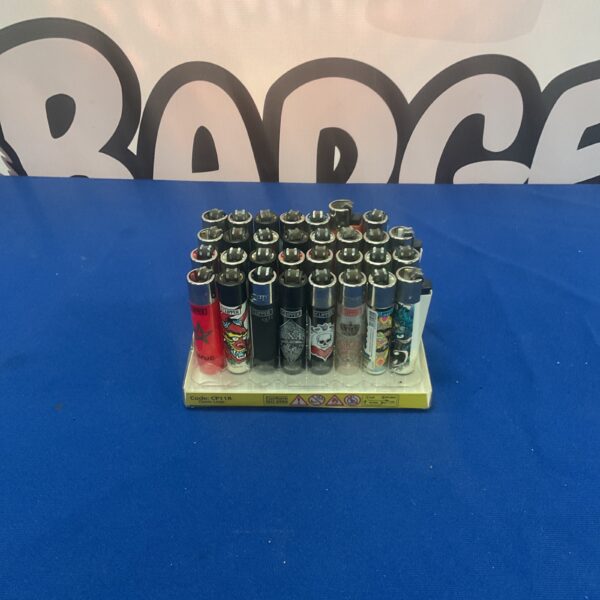 Clipper lighters lot displayed in a stand, collectible lighters.