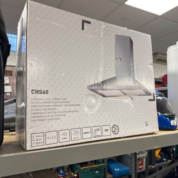 Stainless steel cooker hood CHS60 in original packaging.