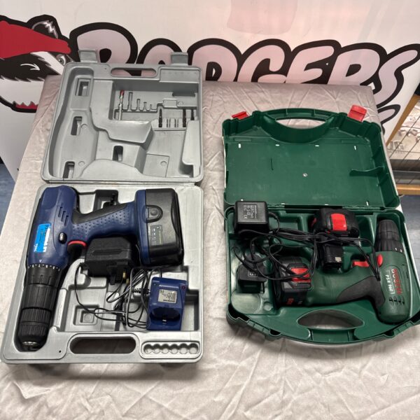 Cordless drill set featuring Bosch PSR 960 and Hilka drills.