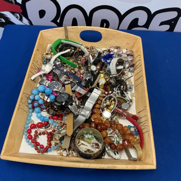 Tray of vintage costume jewellery and watches, a colourful collection.