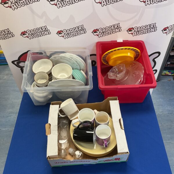 Assorted crockery set in three boxes, including plates and mugs.