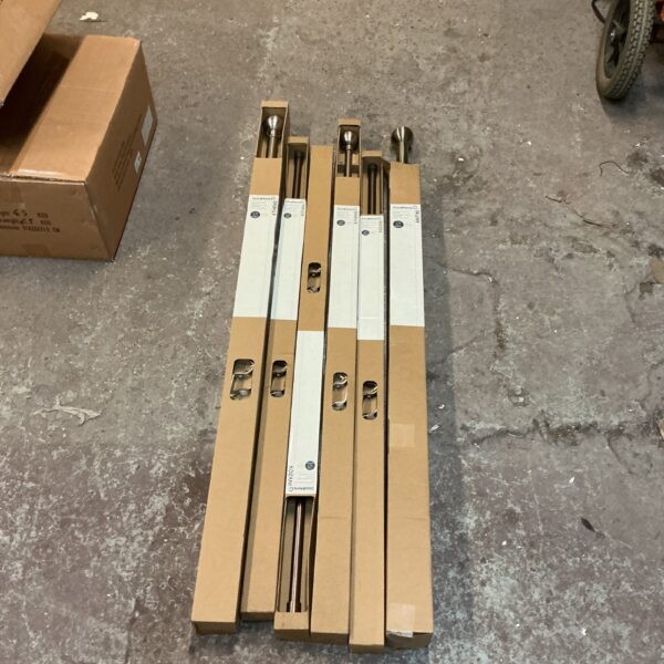 Lot of six brushed metal extendable curtain poles for window treatments.