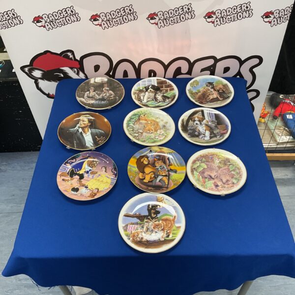 Assorted decorative plates including Disney Lion King and animal designs.