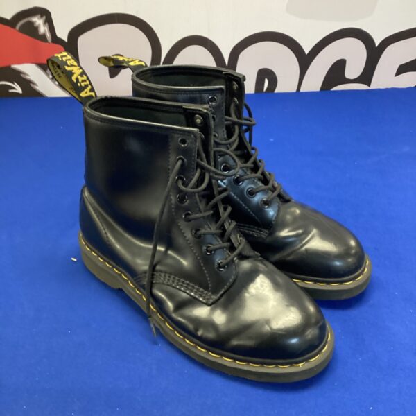 Black size 9 Doc Marten boots with yellow stitching.