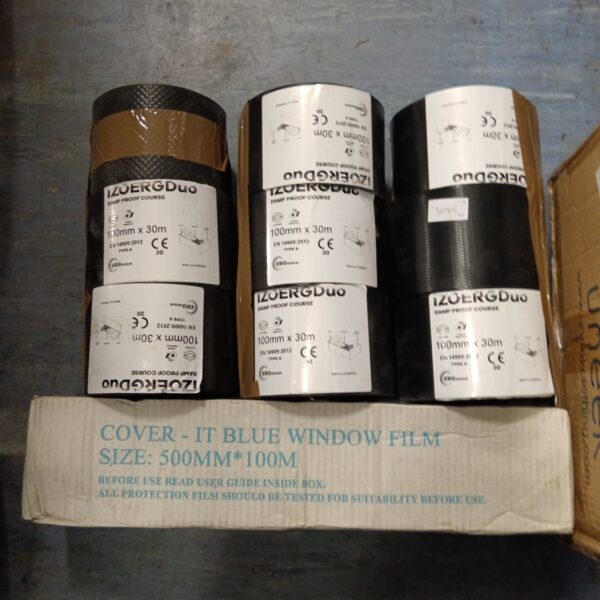 Nine rolls of DPM window film for damp proofing construction.