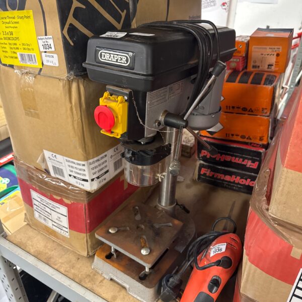 Used Draper pillar drill on a worktop, ideal for DIY projects.