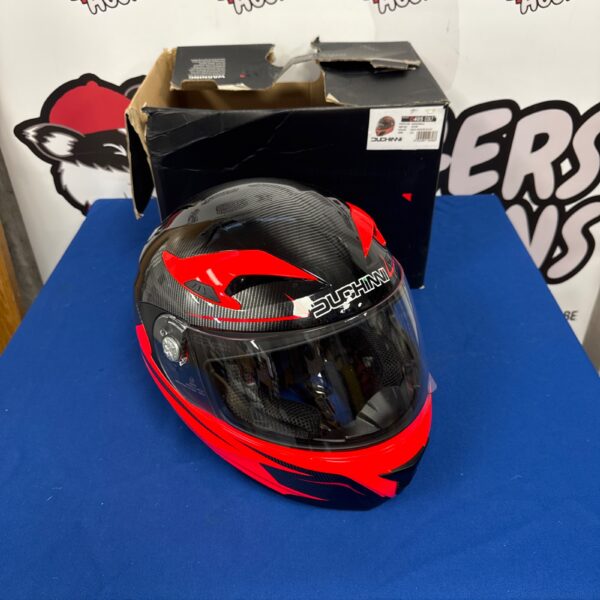 Red and carbon fibre Duchini motorcycle helmet, size L.