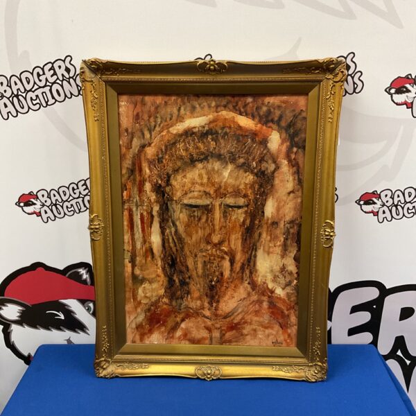 Signed early 20th-century oil painting of Christ's face.