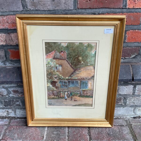 Edward Lamson Henry watercolour painting of a country cottage scene.