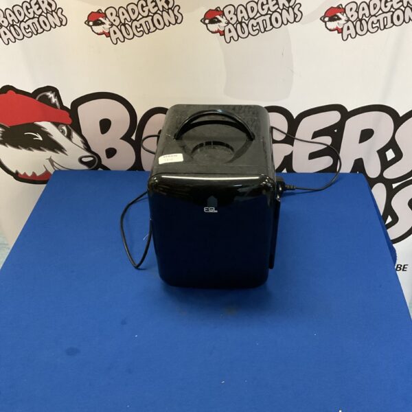 Black EGL mini fridge on a white background.