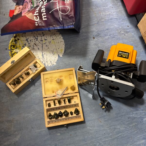 Vintage Einhell Bavaria router with two sets of router bits.