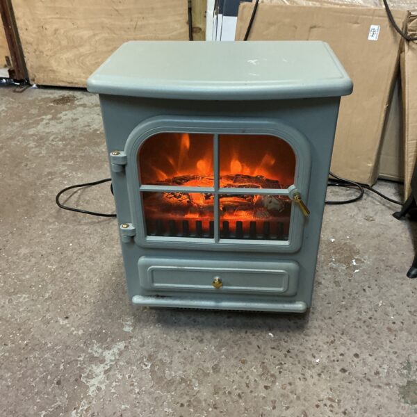 Electric fireplace with realistic wood burner effect for home heating.